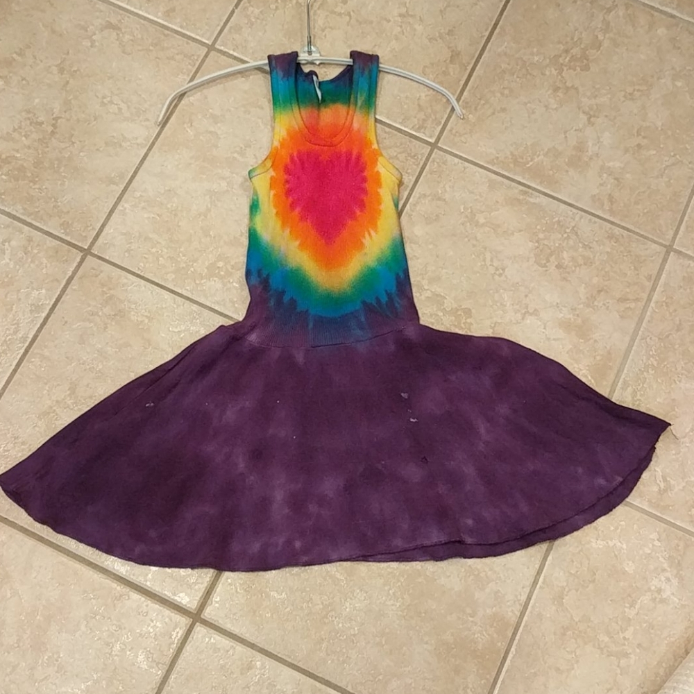 Rainbow colored tie dye girls dress with heart
